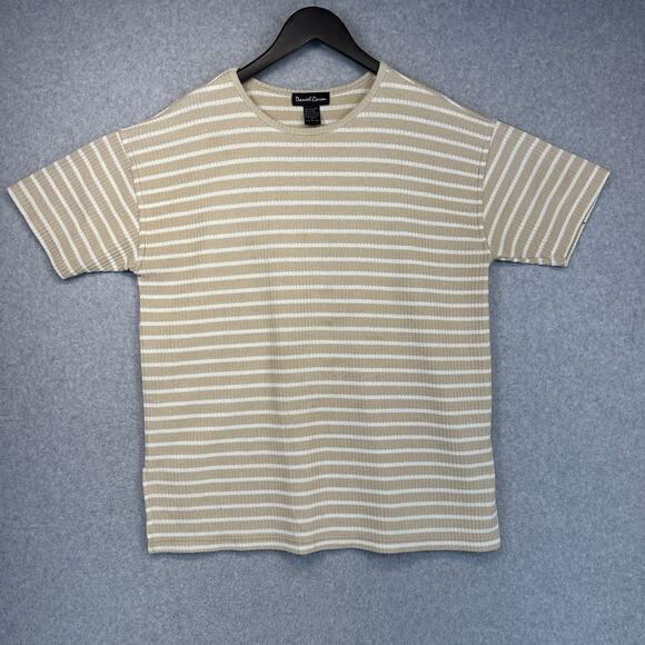 Daniel Caron Shirt Womens Large Beige White Striped Print Short Sleeve Pullover - Picture 1 of 12